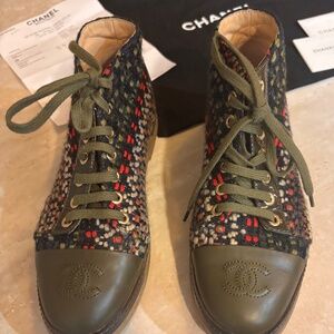 CHANEL 2015 Salzburg Tweed Ankle Boots, Green